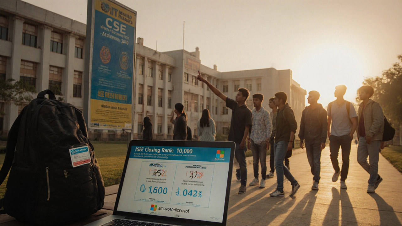 Students at IIT Mandi campus reacting to a poster showing Computer Science closing rank of 10,800.