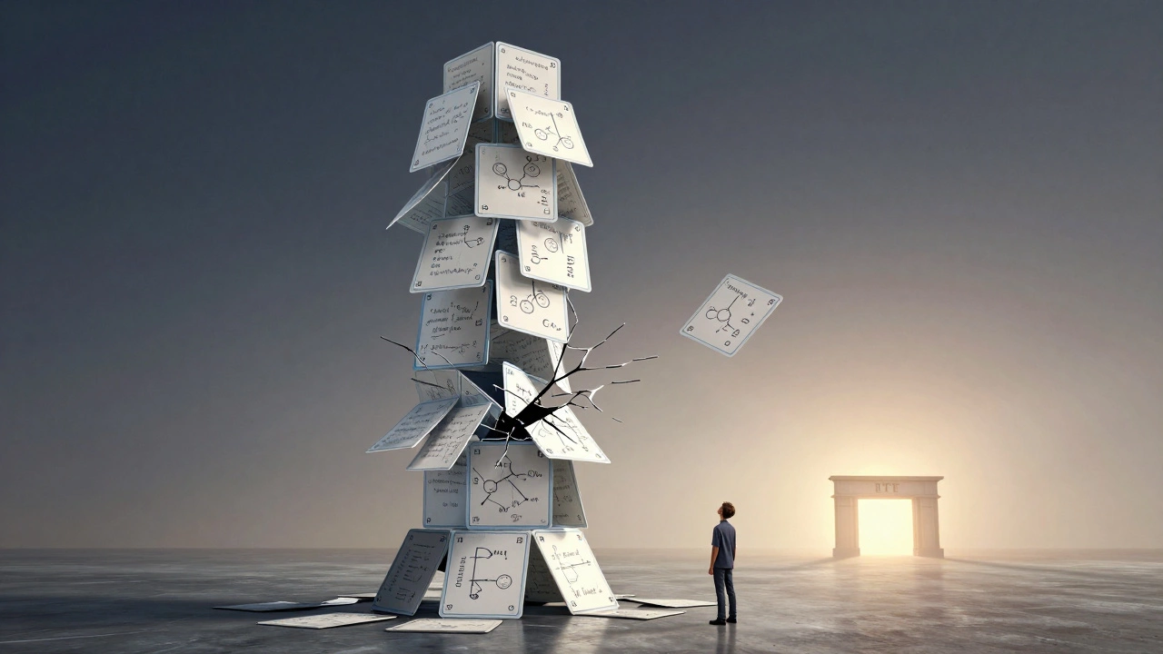 A fragile tower of study cards towers over a young student, cracking under pressure.