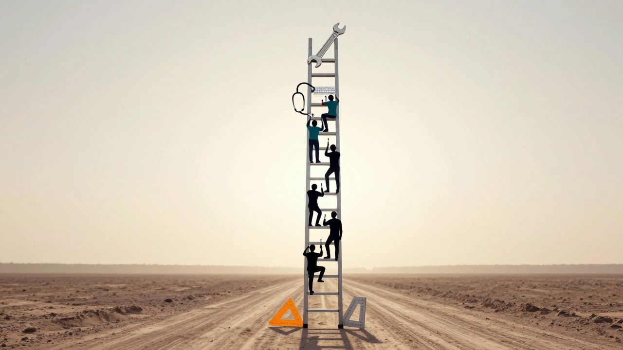 A ladder made of trade tools leading toward a bright horizon, symbolizing vocational career paths.