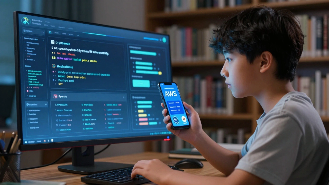 A learner using an AI voice coach on a smartphone for language practice, with floating digital certification progress bars in a blended library and tech environment.