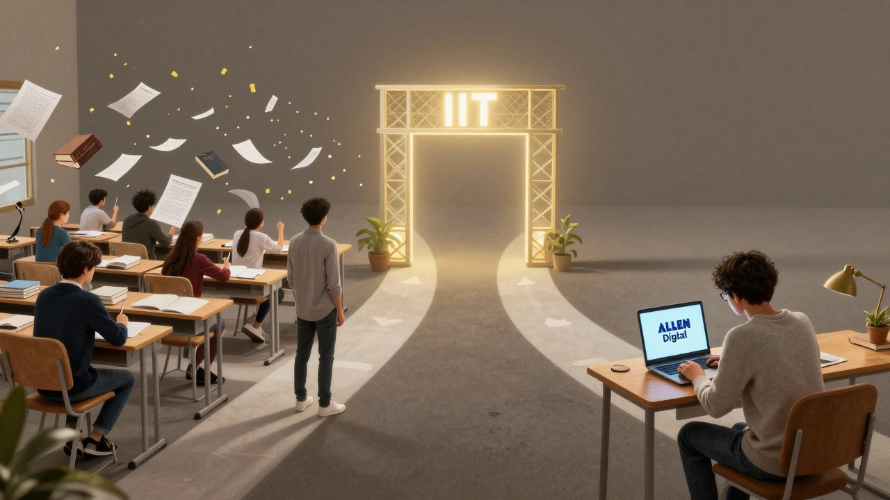 A student at a crossroads choosing between classroom coaching and online learning for IIT JEE.