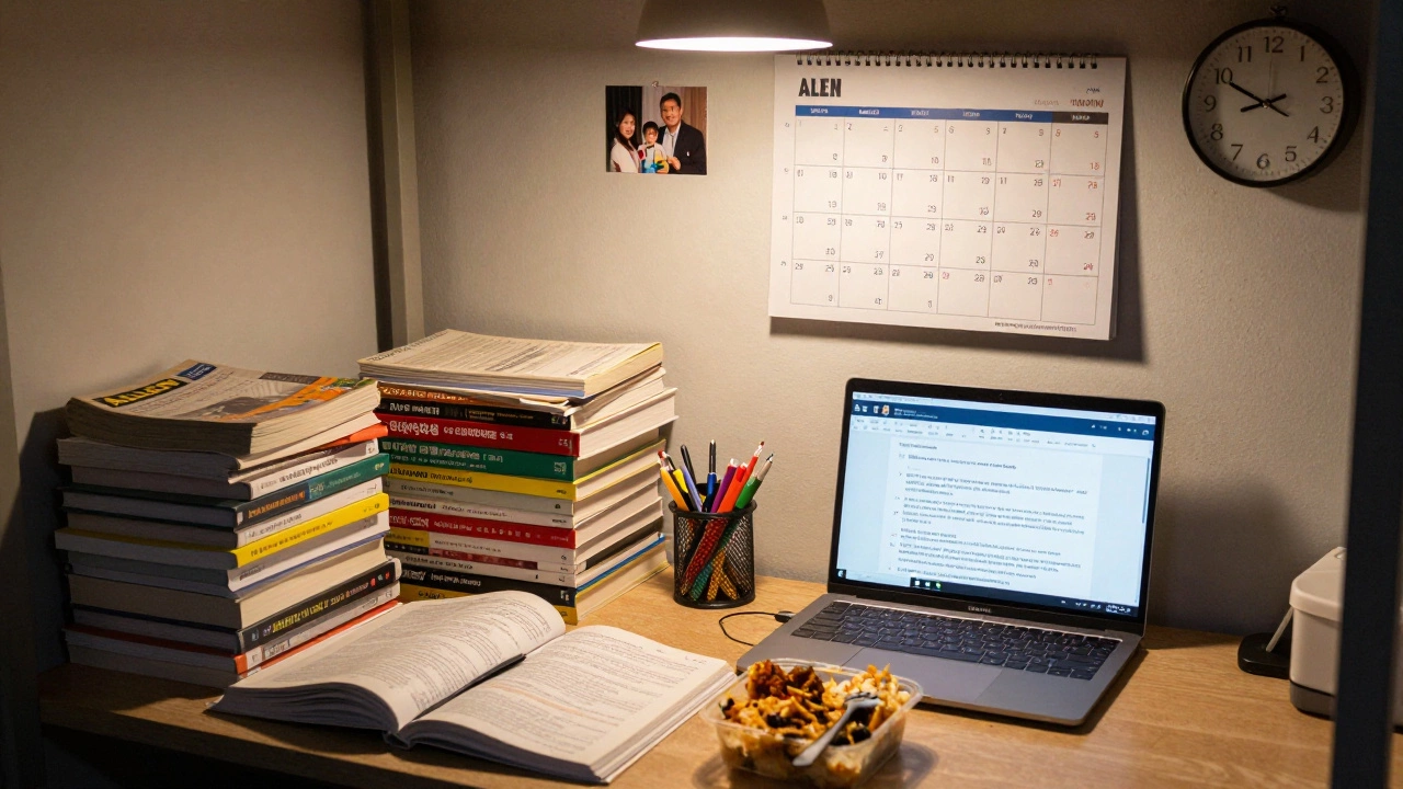 A student’s late-night dorm room in Kota, filled with study books and digital test screens.