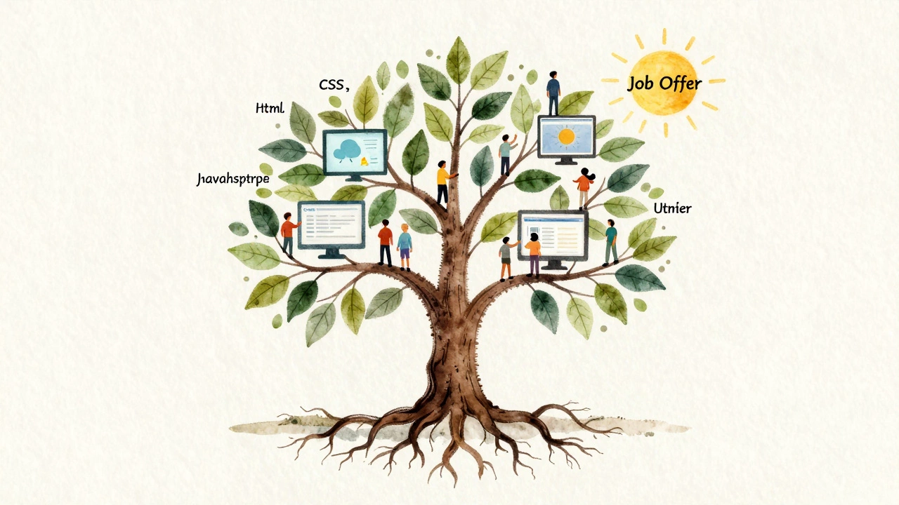 A tree with code-based roots and project leaves growing toward a sun labeled &#039;Job Offer,&#039; symbolizing free learning paths.