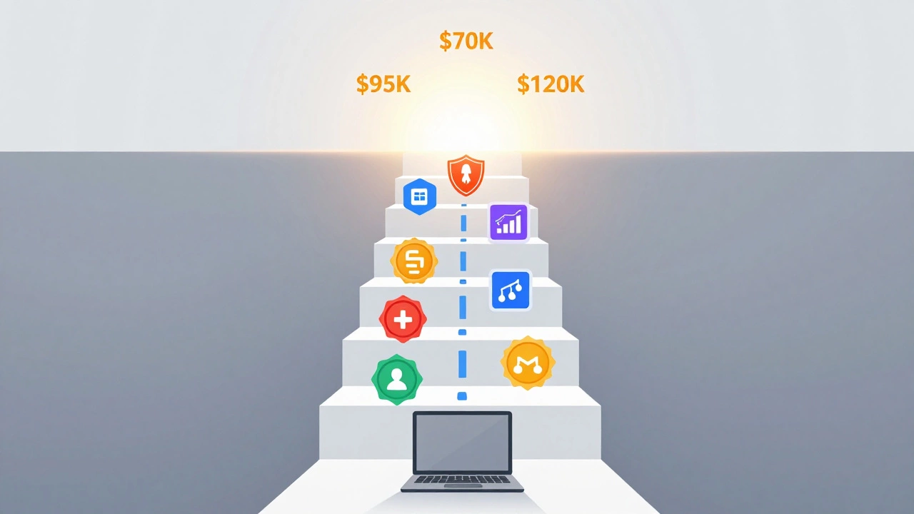 Abstract pathway of digital badges leading upward to rising salary milestones.