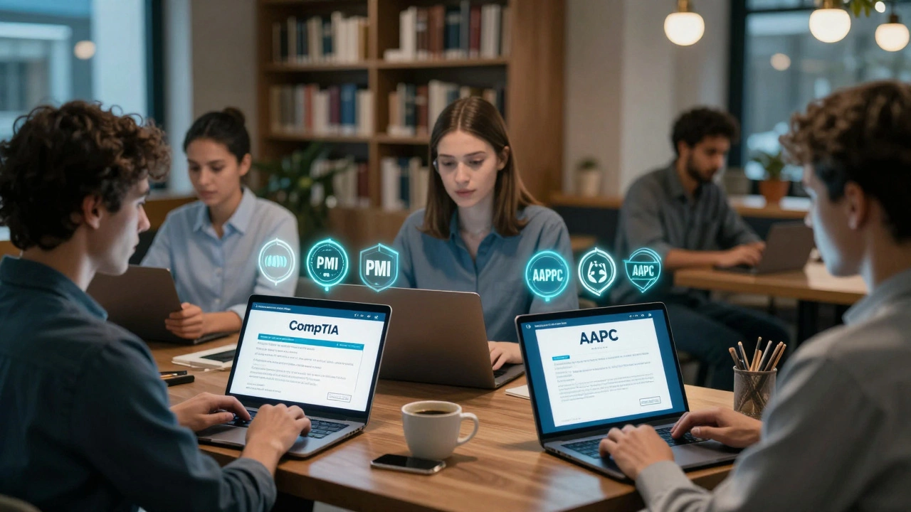 Diverse individuals studying for industry certifications on devices in different locations.