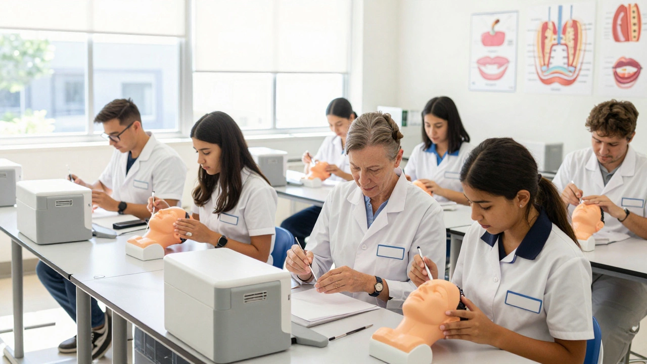 Diverse students learning dental assisting techniques with mannequins and instruments.