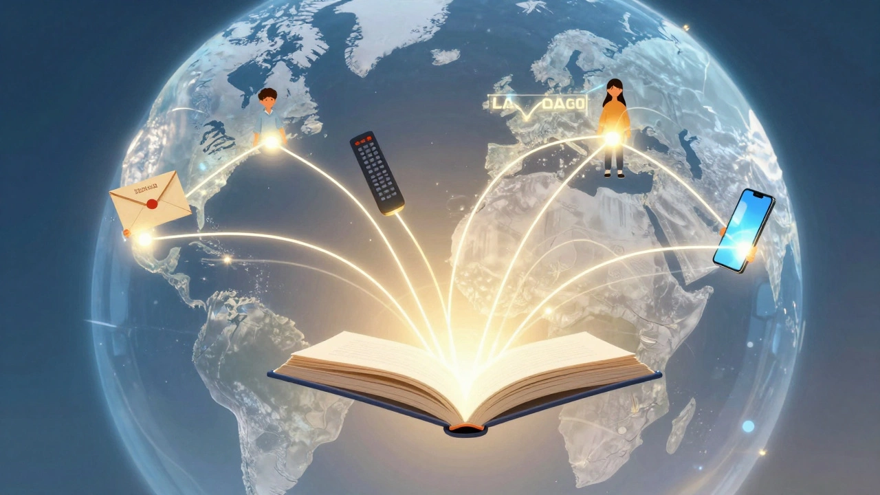 Globe with glowing threads connecting students across time and continents to an open book.