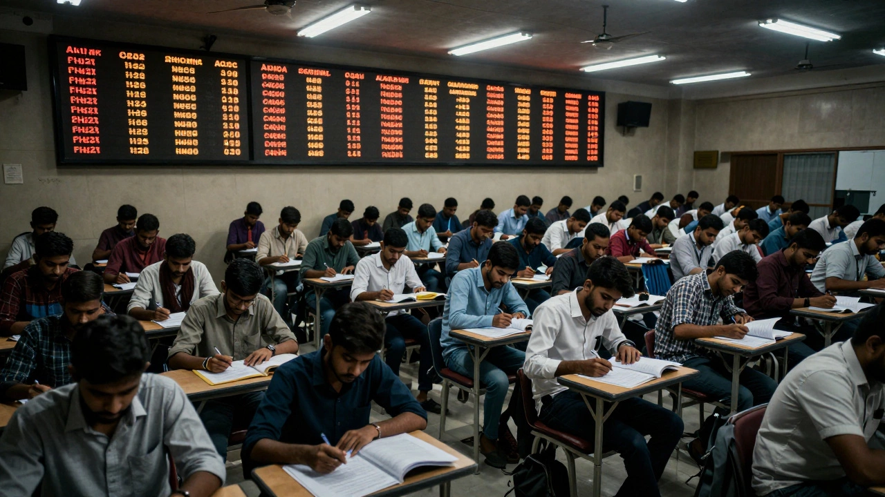 Hundreds of students sit silently in a coaching center, focused on exams under harsh lights.