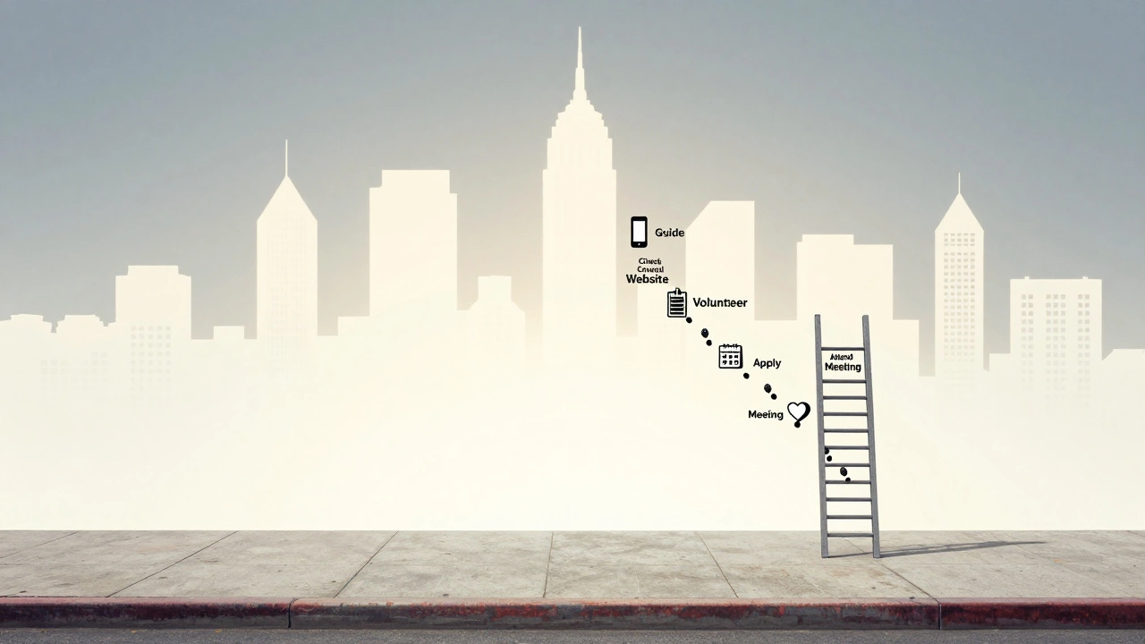 Ladder made of civic action icons leading to a city skyline.