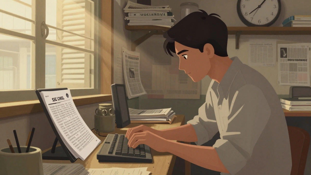 Man practicing typing and studying for SSC CHSL in his family&#039;s small shop.