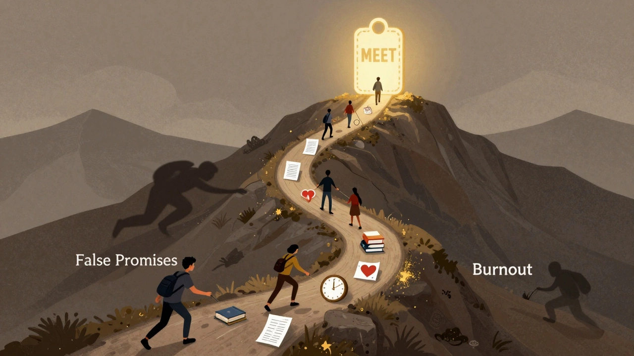 Mountain path symbolizing NEET journey with students climbing toward an MBBS badge, facing challenges.