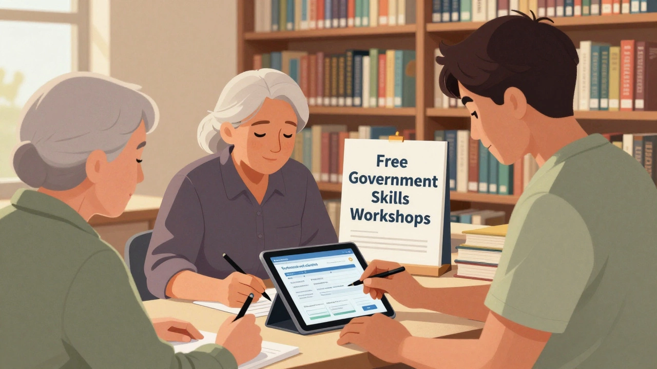 Person helping an elderly citizen with a digital form at a public library.