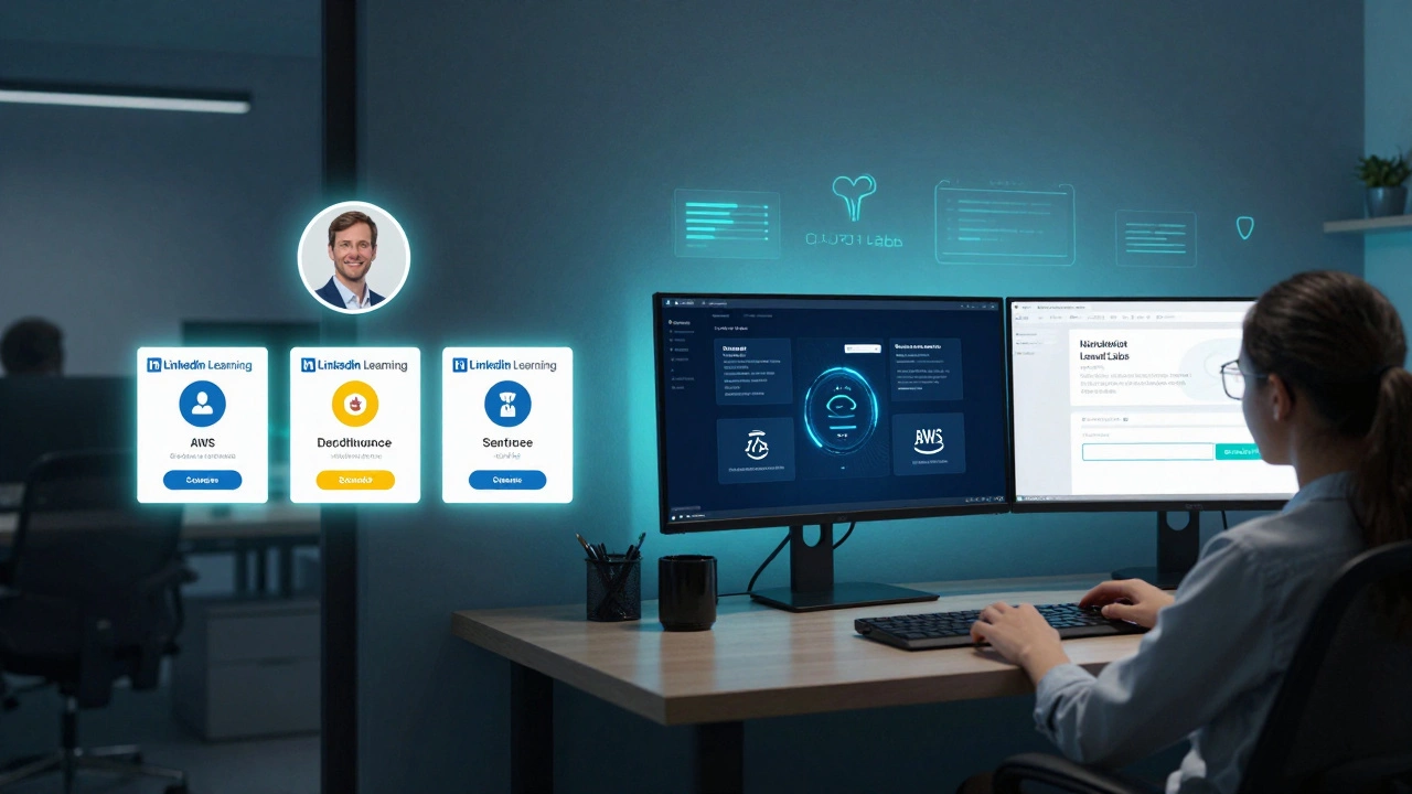 Split scene: a professional’s LinkedIn Learning badges glowing on their profile and a student running AWS cloud labs on dual monitors in a home office.
