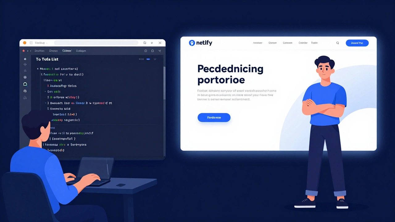 Split scene: someone coding a to-do app in a browser and standing beside their live portfolio website.