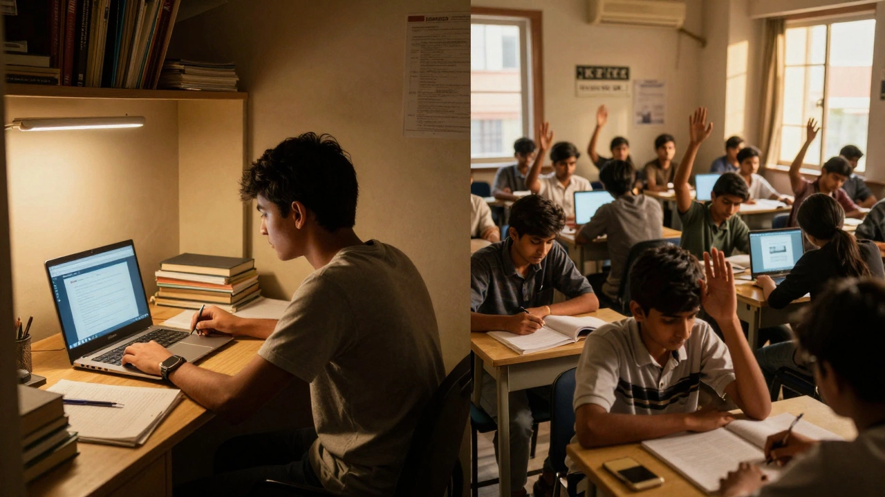 Split-screen of a student studying online at home versus a live NEET class in a busy city center.
