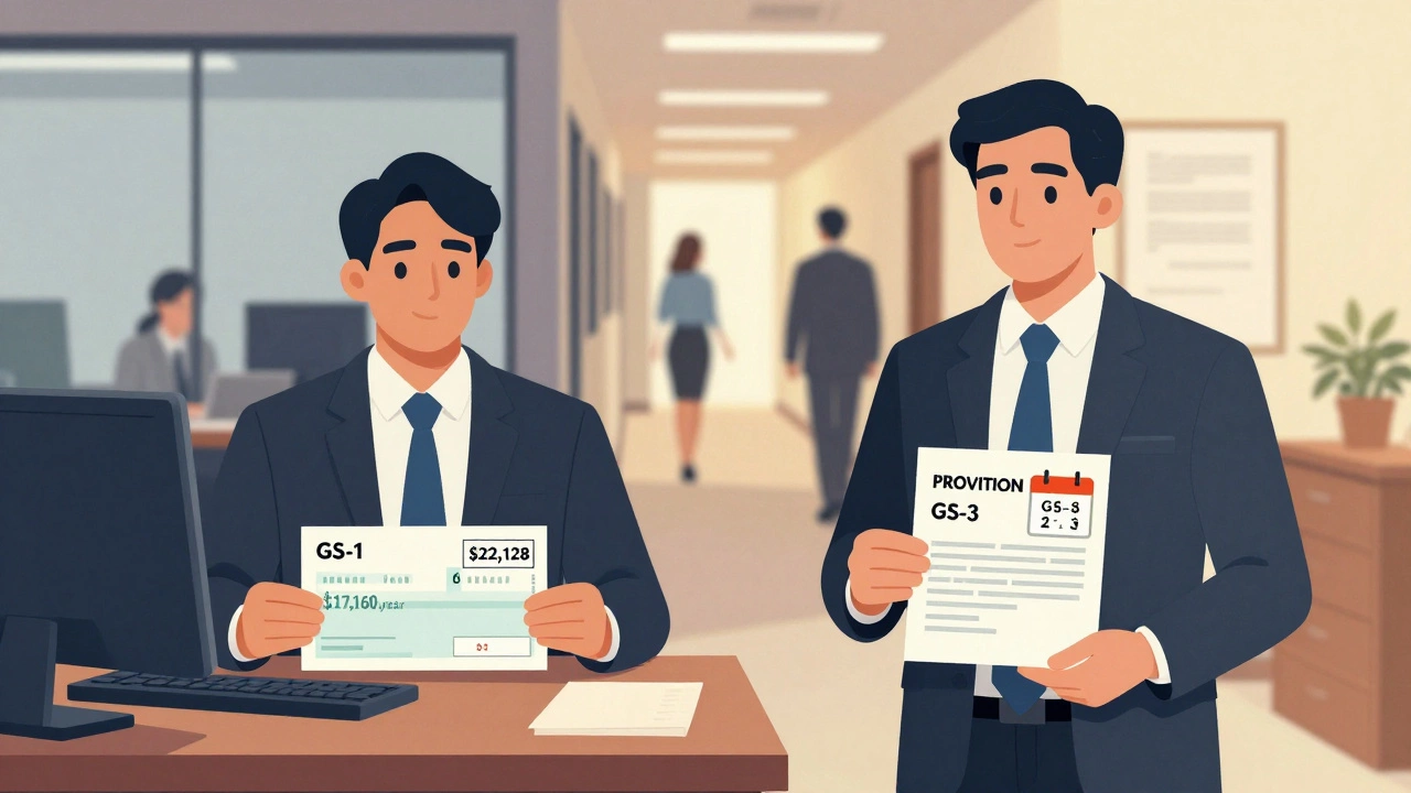 A federal employee receiving a promotion from GS-1 to GS-3 with a salary increase notice.