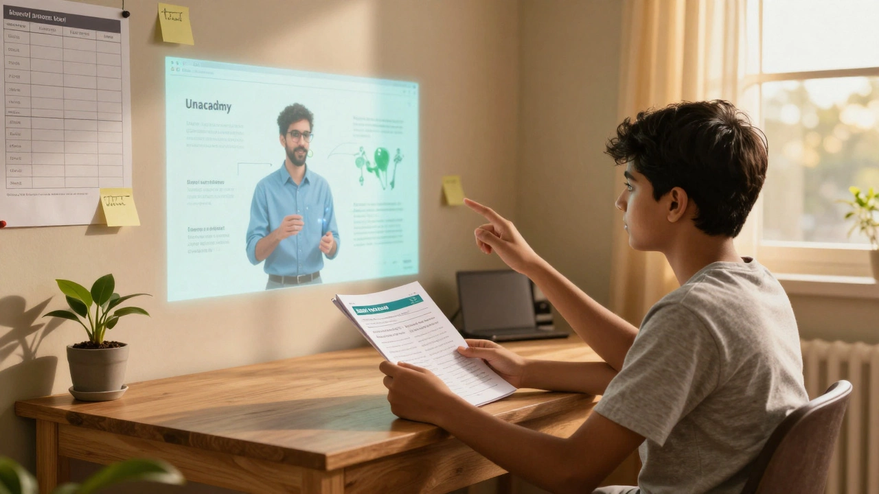 A student blending printed study materials with a holographic online teacher in their room.