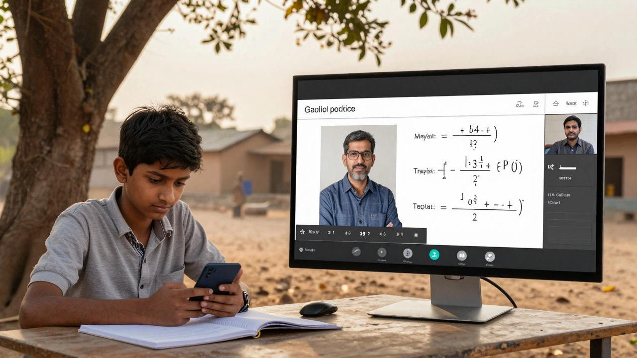 A student in rural India learns calculus from a virtual MIT professor under a tree at sunset.