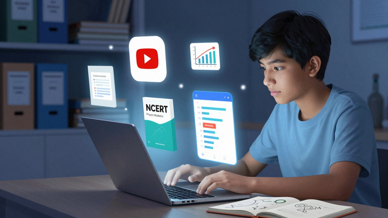 A student studying at night with digital learning tools floating around their laptop.