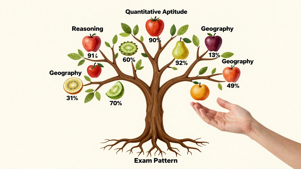 A tree shows exam subjects as branches, with Quantitative Aptitude and Reasoning bearing the heaviest score fruits.