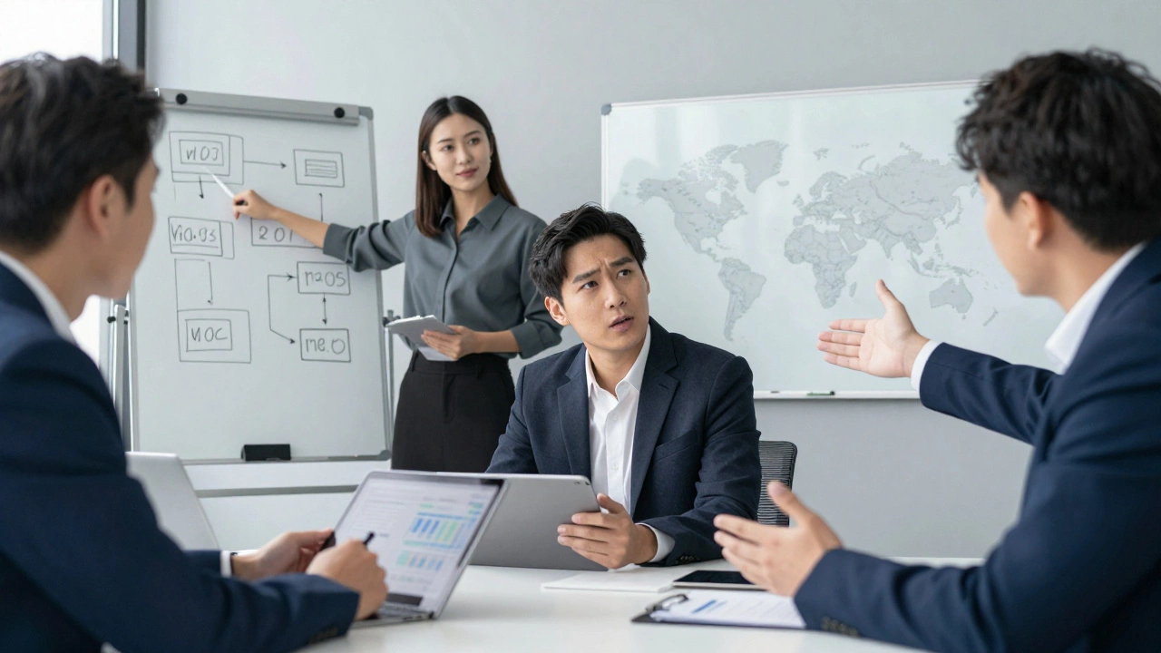 Consulting team presenting strategic frameworks in a minimalist meeting room.