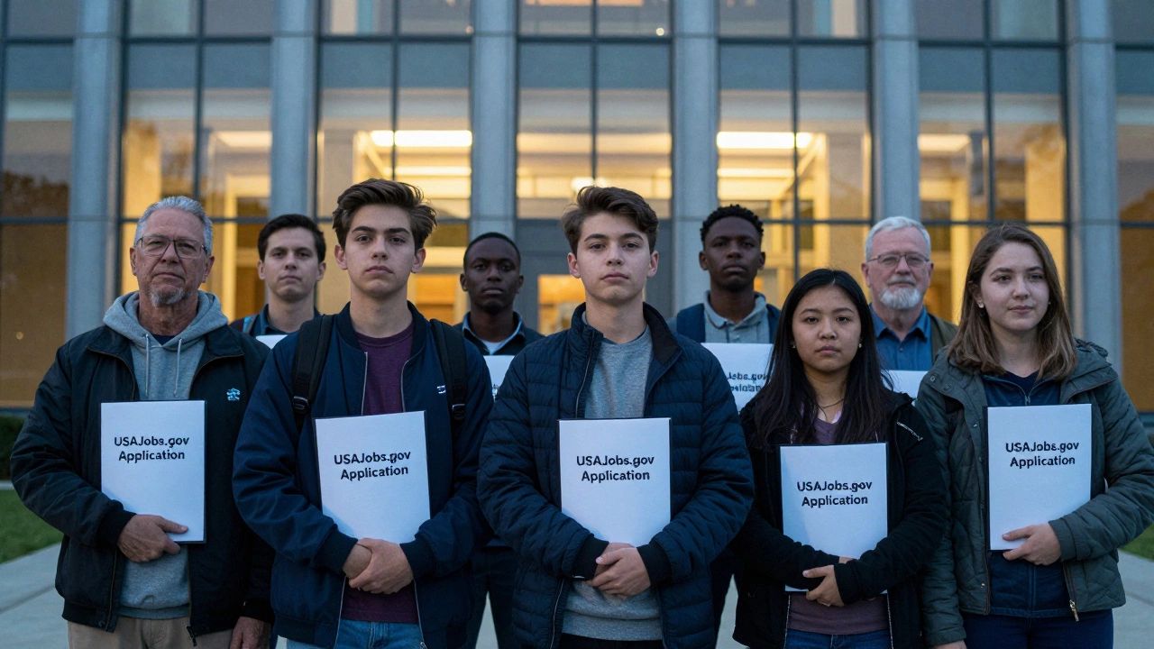 Diverse individuals holding job applications outside a federal building at sunrise.