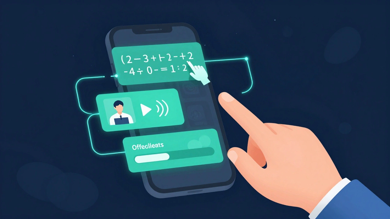 Floating smartphone showing three interactive learning activities with glowing data lines.