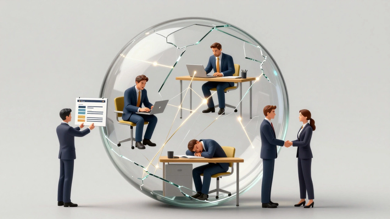 Fractured glass sphere with miniature figures representing MBA pressures and connections.