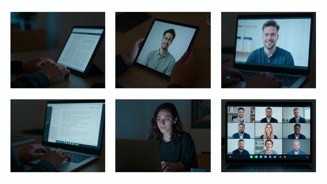 Hands using tablets and laptops in different settings, connected through a global online study group.