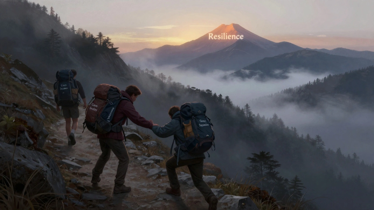 Hikers on a mountain trail carrying burdens labeled with MBA challenges at sunrise.