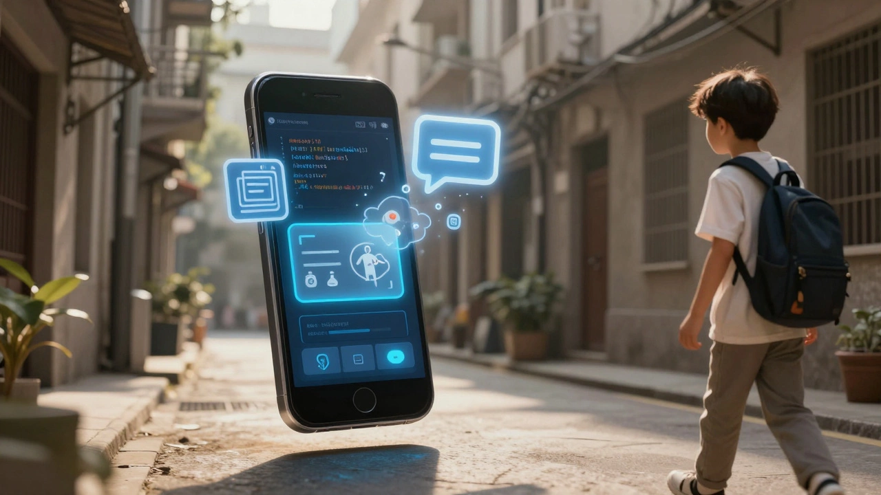 Phone transforming into a floating classroom with learning icons emerging into an urban alley.