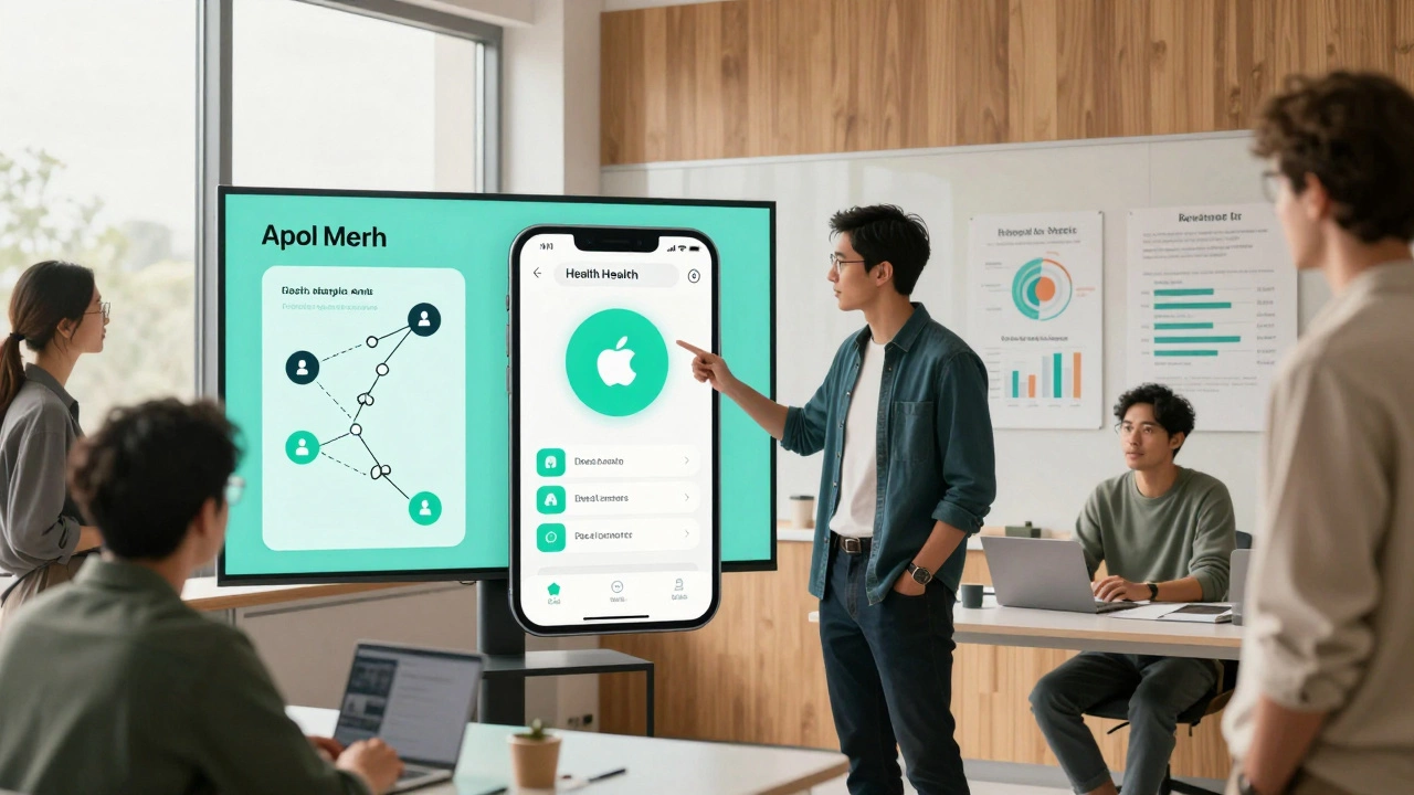 Product manager collaborating with engineers on a health app prototype in a modern studio.