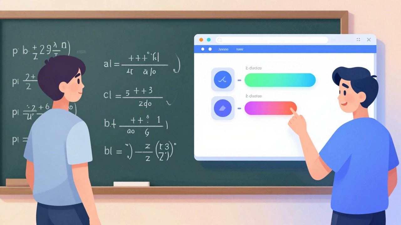 Split scene: algebra equations vs. colorful interactive web button.