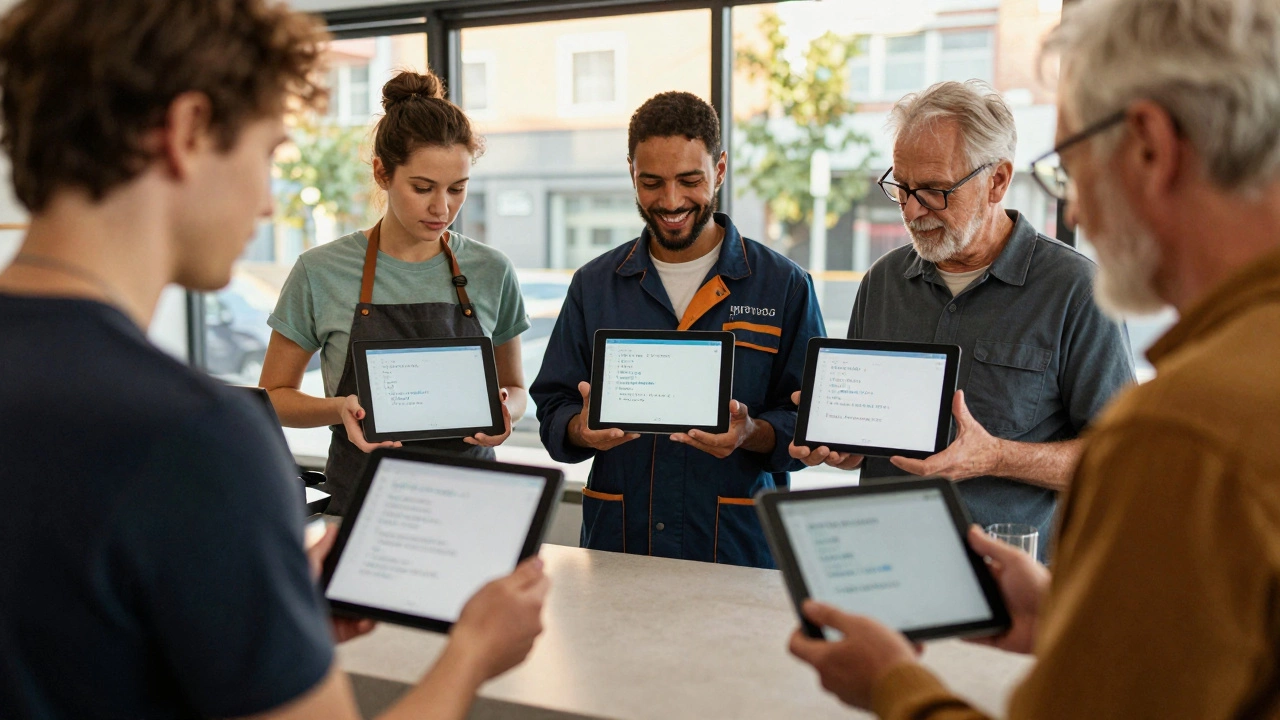 Three people using tablets to run simple code apps for daily tasks.