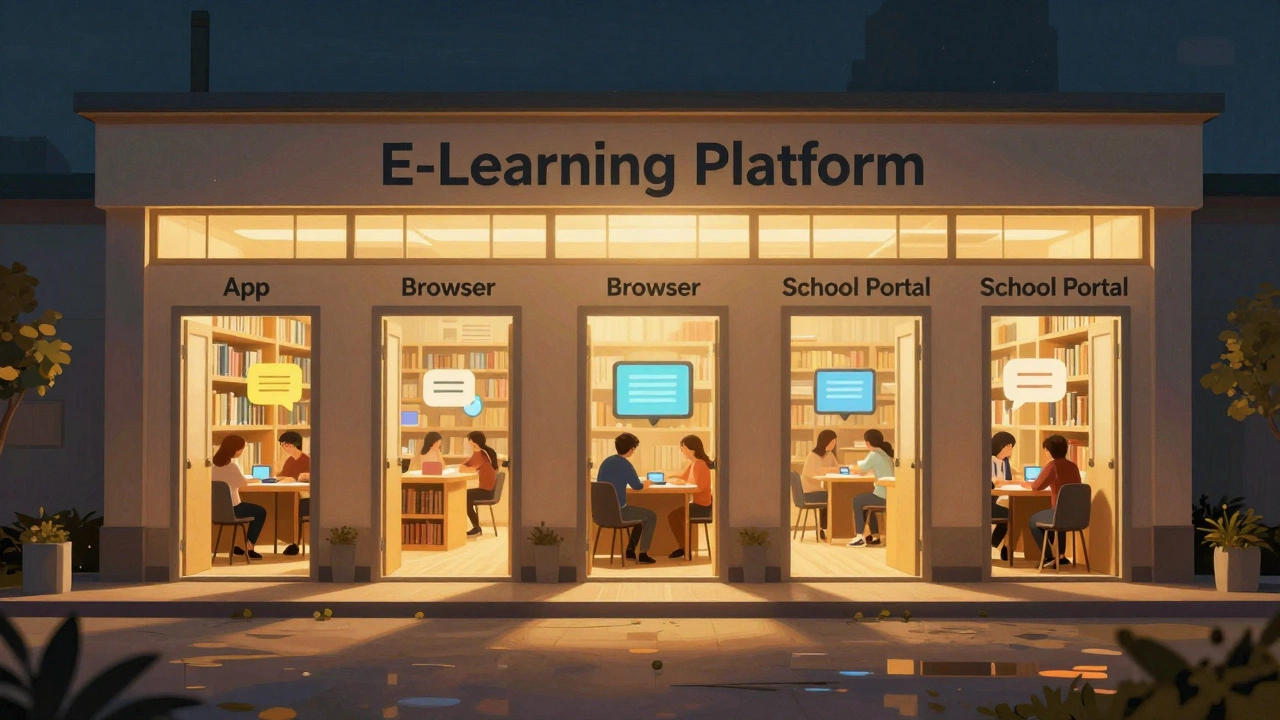 A building representing an e-learning platform with multiple access points labeled as apps and browsers, symbolizing different ways to enter the learning system.