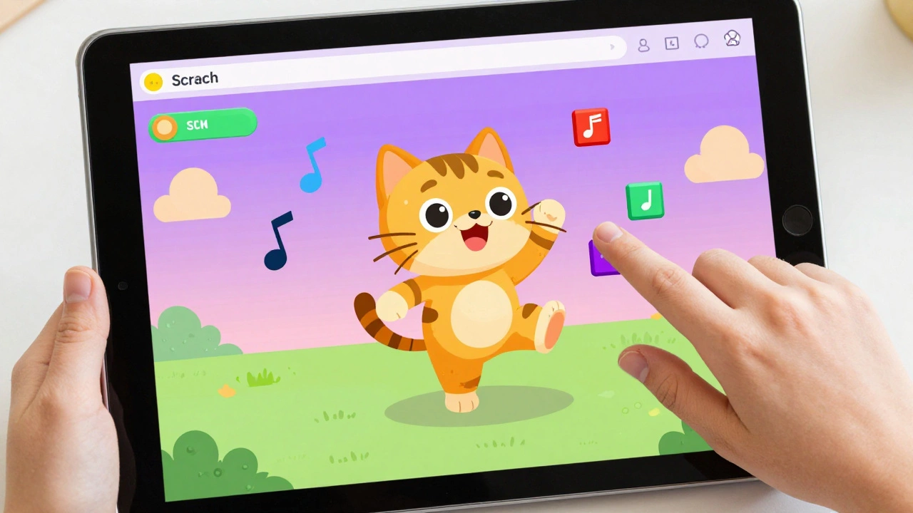 A child using Scratch to make a cartoon cat dance with colorful drag-and-drop code blocks on a tablet screen.
