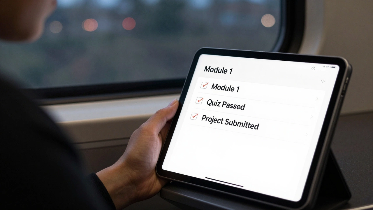 A commuter studying on a tablet during a train ride, checking off completed coursework.