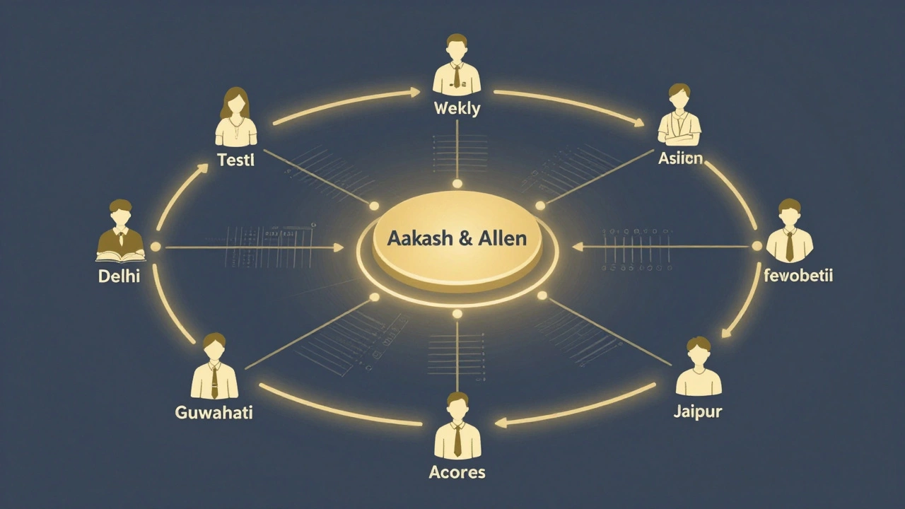 A conceptual diagram showing a feedback loop of tests, AI analysis, and personalized learning connecting students from across India.