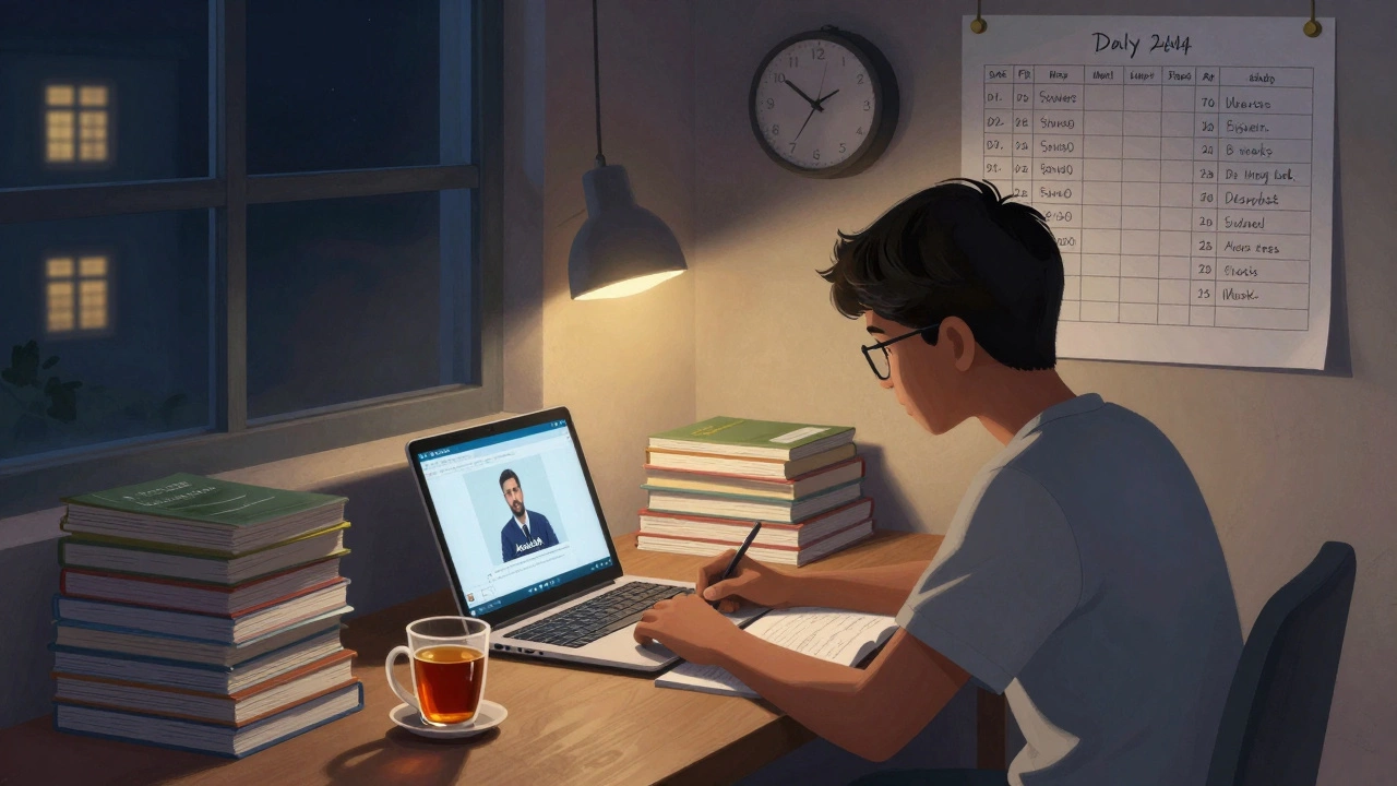 A student studying late at night in a Kota hostel room with textbooks, a laptop showing an online class, and a handwritten study schedule.