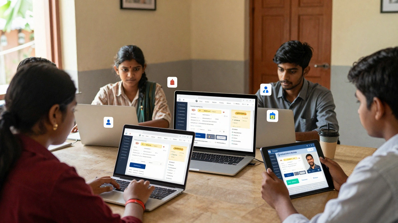 Learners in different environments all connected to the same e-learning platform, with app icons floating nearby as supplementary tools.