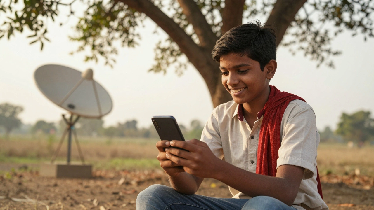 Rural Indian student using mobile device for online classes under a tree.
