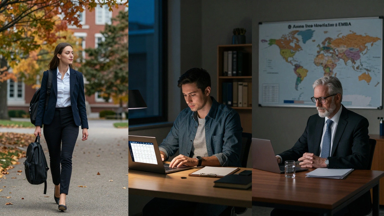 Three professionals at different stages of MBA study: full-time student, online learner, and executive in EMBA program.