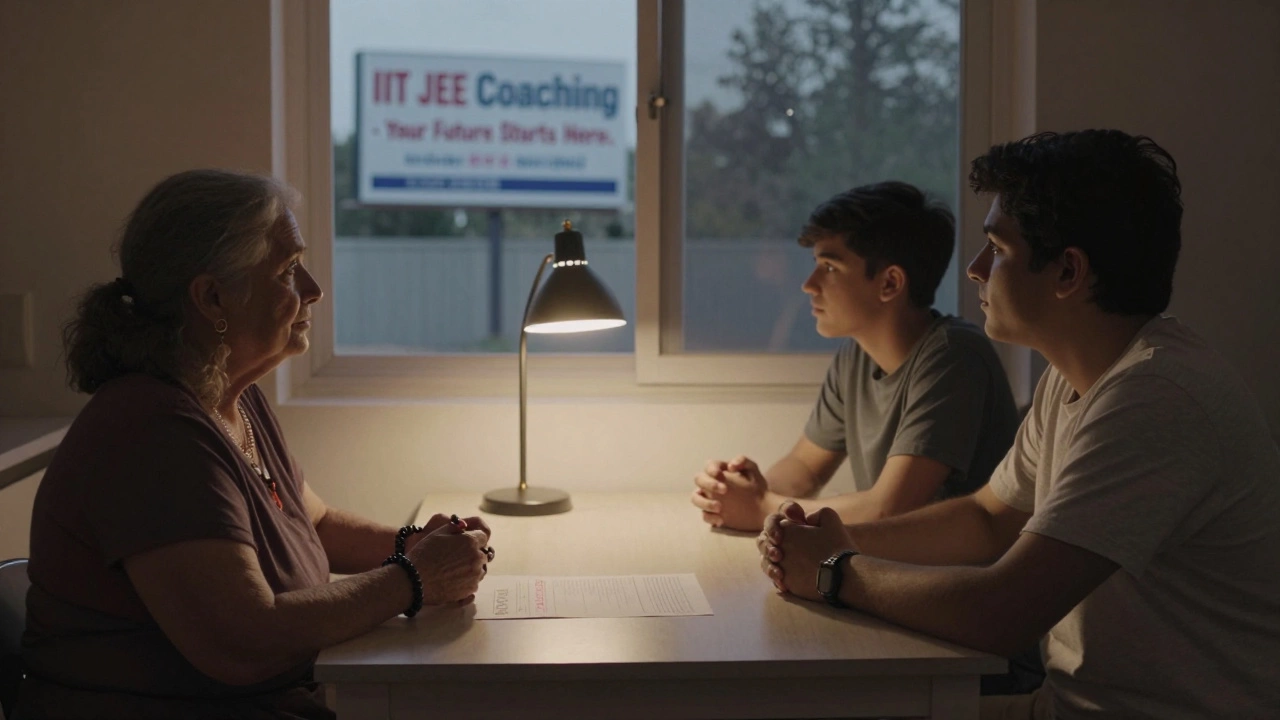 A family silently facing a failed exam scorecard under dim kitchen light, emotional tension palpable.