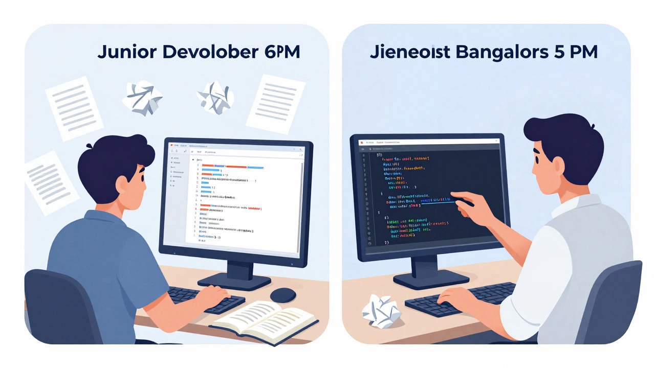 A junior developer struggling with errors beside a senior developer coding efficiently, showing experience contrast.