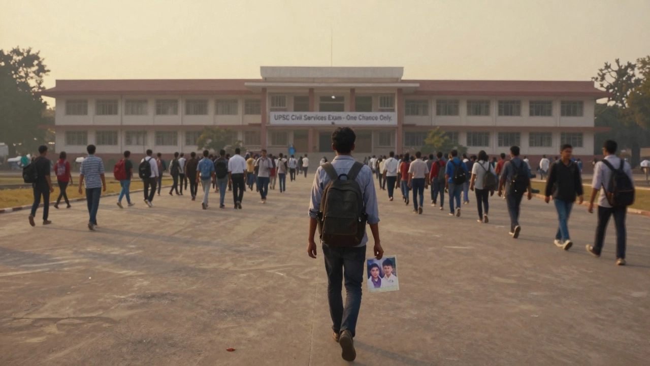 A solitary figure walking away from an exam hall at dawn, leaving behind a sea of hopeful candidates.