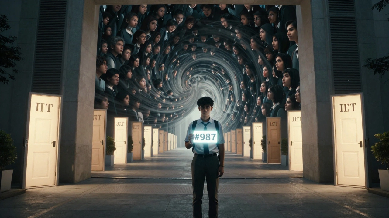 A student at an IIT gate holding a rank card, with 16,850 glowing doorways ahead and millions behind.