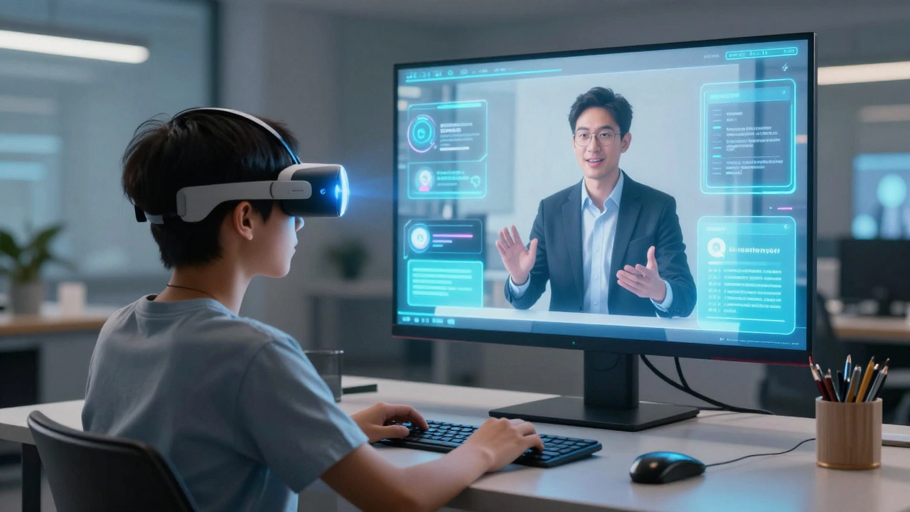 A student interacting with a holographic instructor through AR while reviewing eLearning content.