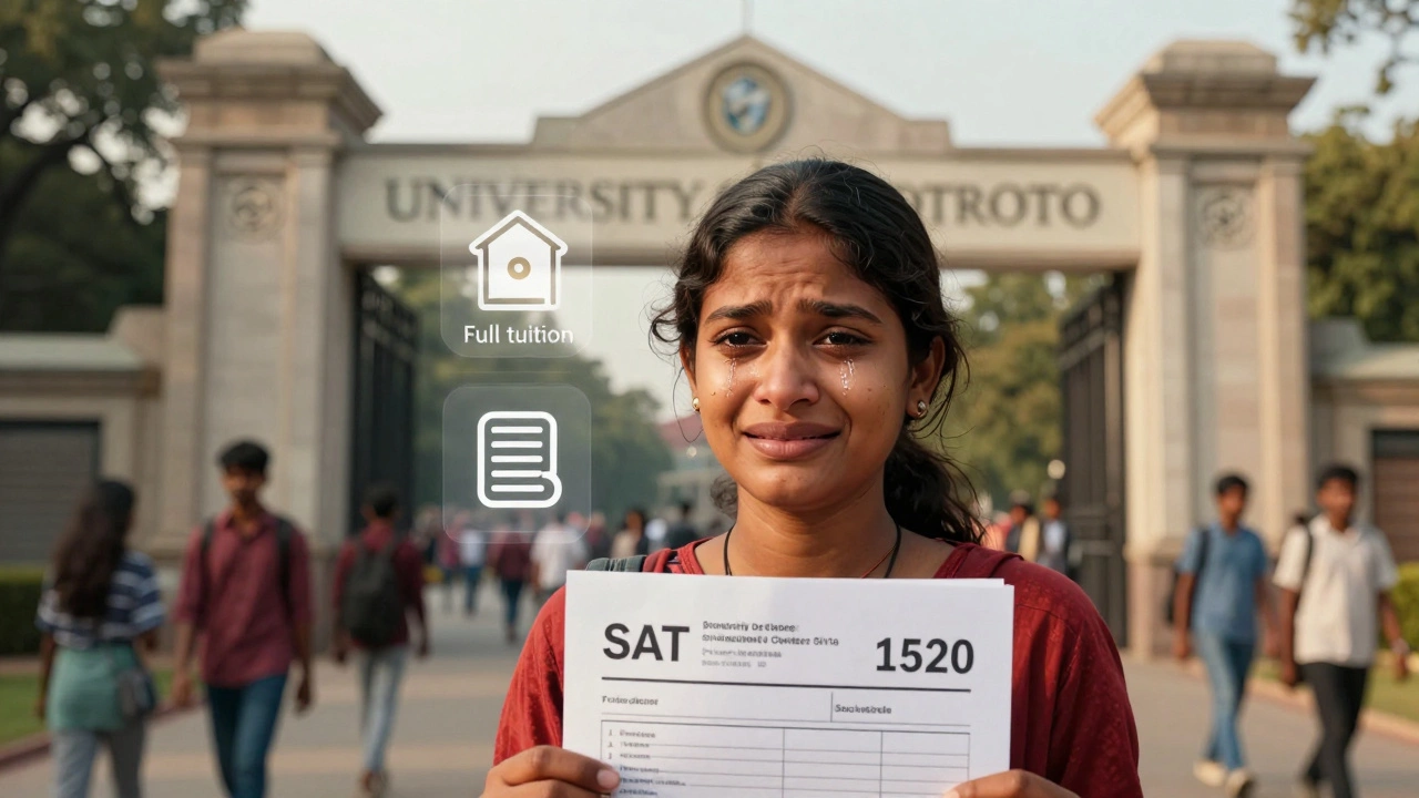 A young woman from Bangladesh holds her high SAT score, standing before the University of Toronto with scholarship icons floating behind her.