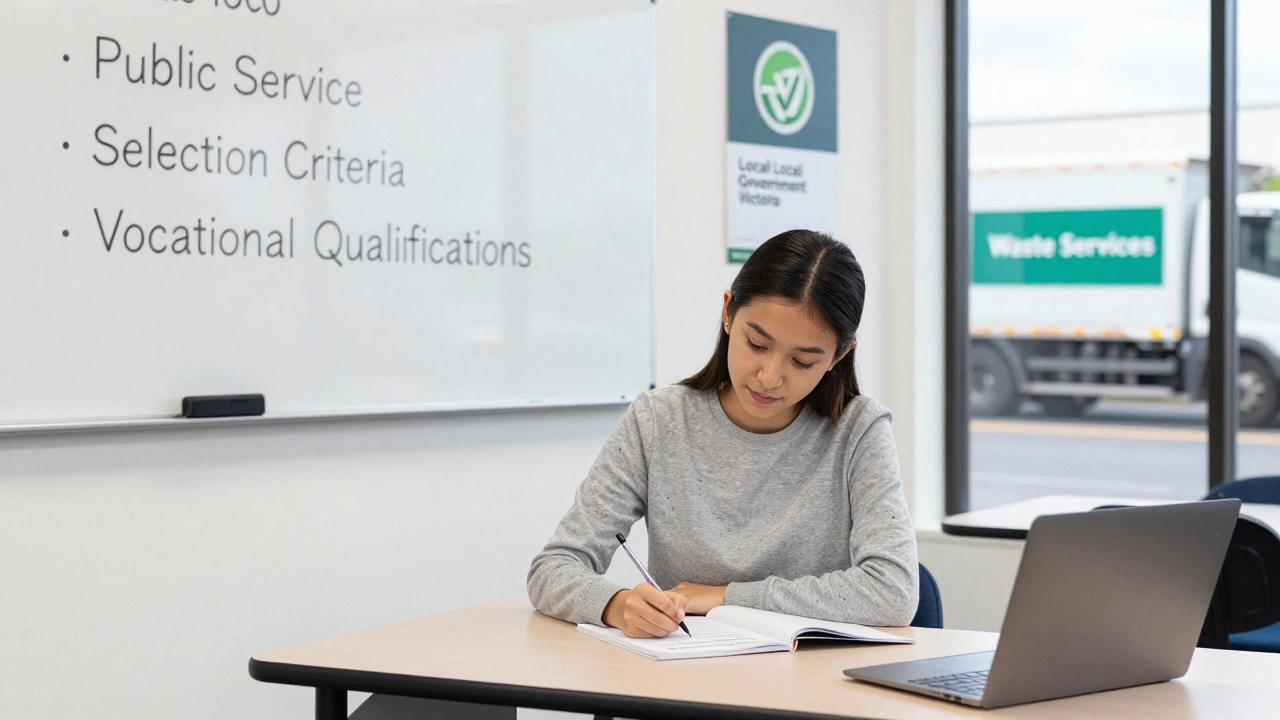 A young woman writing a job application using the STAR method in a TAFE classroom with vocational training posters.