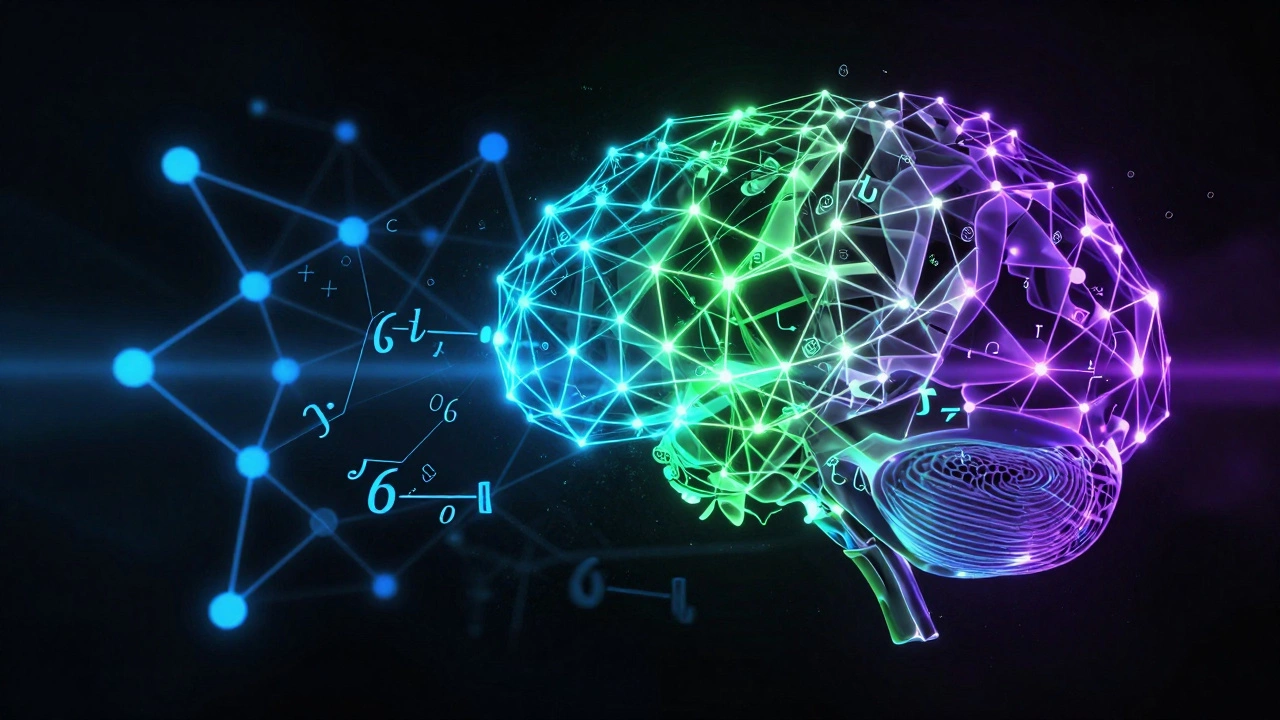 Abstract glowing math symbols connecting to science.